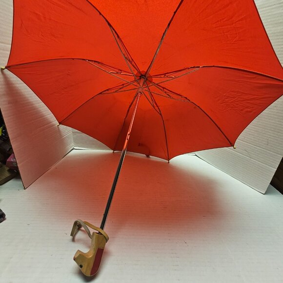 Vintage Child Kid Boy Girl Totes Umbrella Wood Wooden Dog Puppy Head Handle Red - Picture 2 of 13